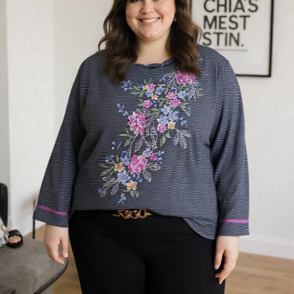 Alfred Dunner set formal pants black/blouse stripped blue flower size 3XL women - Picture 1 of 6